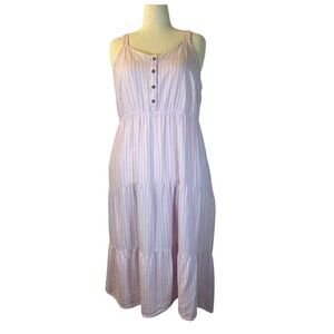 Striped Linen Blend Tiered Midi Pink Summer Dress Plus Size 1X
